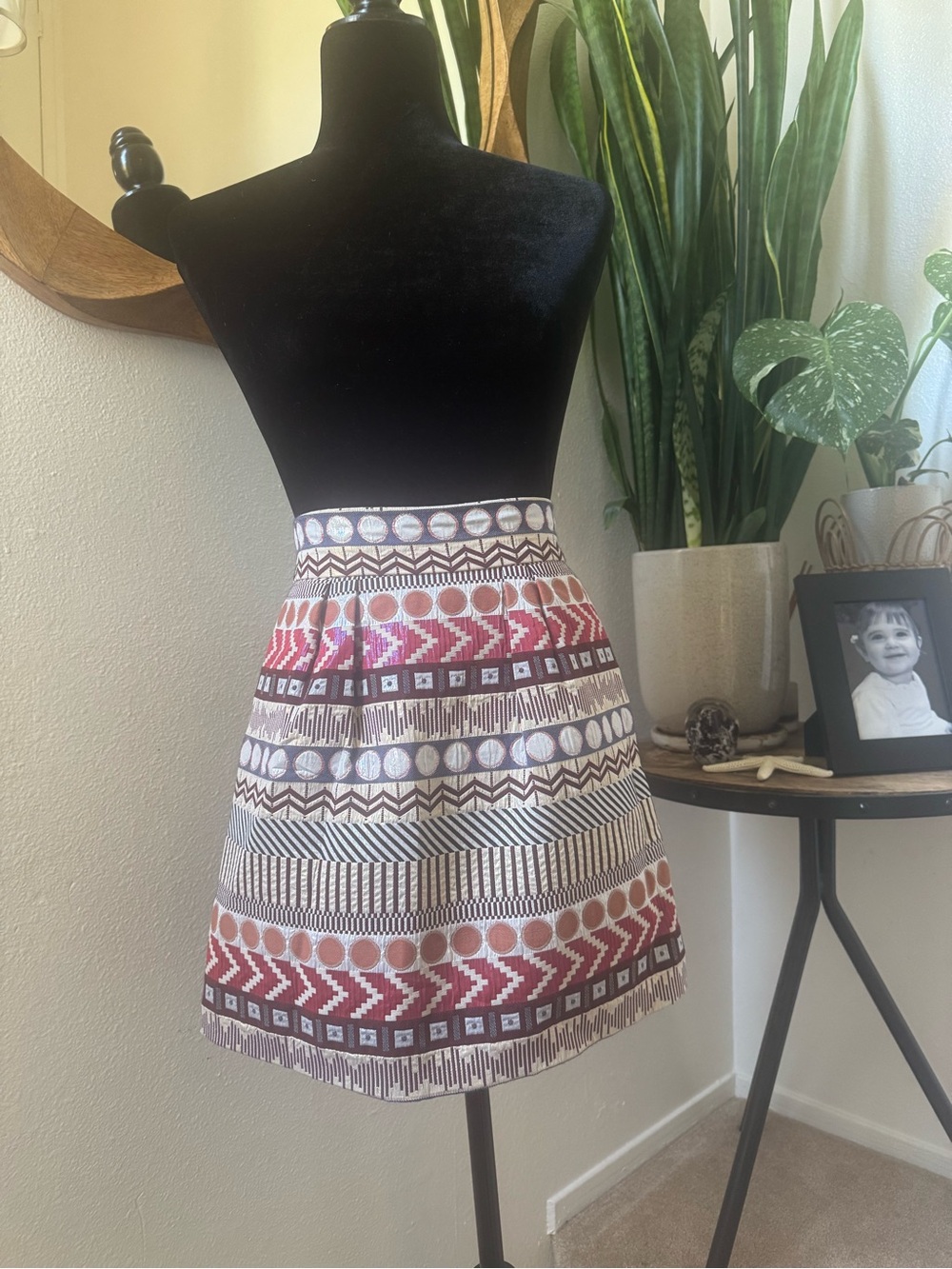 Anthropologie Patterned Mini Skirt in Red, Pink, Blue, Cream